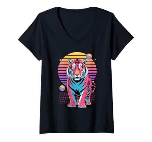 Damen Retro Synthwave Tiger T-Shirt mit V-Ausschnitt von Tigers Tiger Lover Gifts
