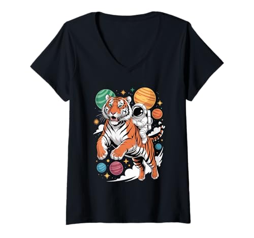 Damen Tiger Astronaut Planeten Sonnensystem T-Shirt mit V-Ausschnitt Damen Tiger Astronaut Planeten Sonnensystem T-Shirt mit V-Ausschnitt von Tigers Tiger Lover Gifts