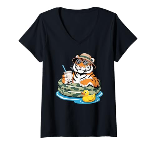 Damen Tiger Boba Perle Milchtee T-Shirt mit V-Ausschnitt von Tigers Tiger Lover Gifts