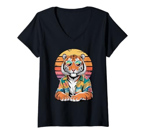 Damen Tiger Sonnenbrille Hawaii Strand Sommer Urlaub T-Shirt mit V-Ausschnitt Damen Tiger Sonnenbrille Hawaii Strand Sommer Urlaub T-Shirt mit V-Ausschnitt von Tigers Tiger Lover Gifts