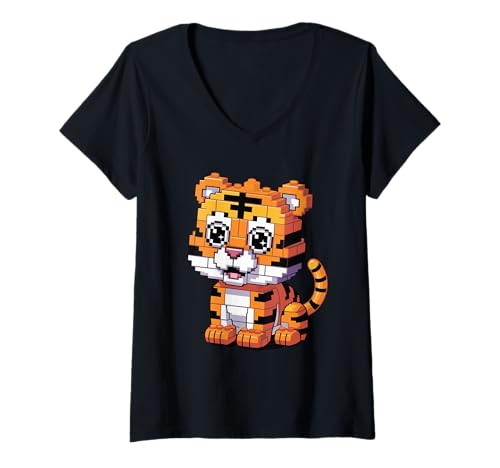 Damen Tiger Spielzeug Bausteine T-Shirt mit V-Ausschnitt von Tigers Tiger Lover Gifts