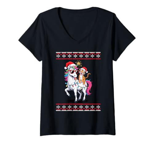 Damen Weihnachten Tiger Einhorn Sonnenbrille T-Shirt mit V-Ausschnitt von Tigers Tiger Lover Gifts
