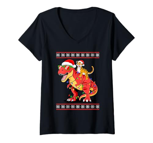 Damen Weihnachten Tiger T-Rex Dinosaurier Tyrannosaurus Rex T-Shirt mit V-Ausschnitt von Tigers Tiger Lover Gifts