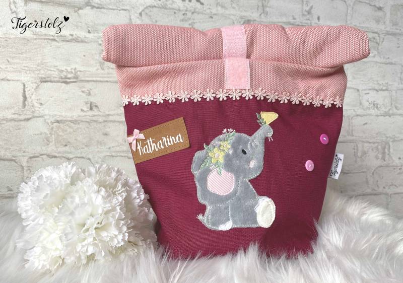 Lunchbag - Lunchtasche Brotbeutel Vesperbeutel Frühstücksbeutel Brotdose Mädchen Boho Elefant Beere Schulkind Kindergarten von TigerstolzShop