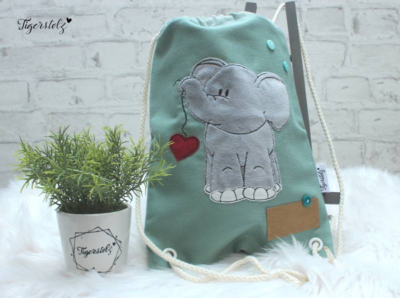 Turnbeutel - Sportbeutel Rucksack Tasche Kinder Kindergartentasche Kindertasche Junge Elefant Mint von TigerstolzShop