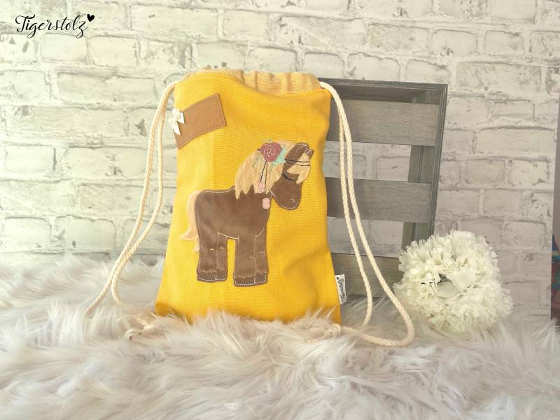 Turnbeutel Sportbeutel Rucksack Tasche Kindergartentasch Kindertasche Pferd Gelb von TigerstolzShop
