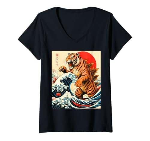 Damen Tigerzilla Tiger Japanische Kunst Geschenke für Männer Frauen Jungen Mädchen T-Shirt mit V-Ausschnitt von Tigerzilla Tiger Apparel Gifts Graphic Tees