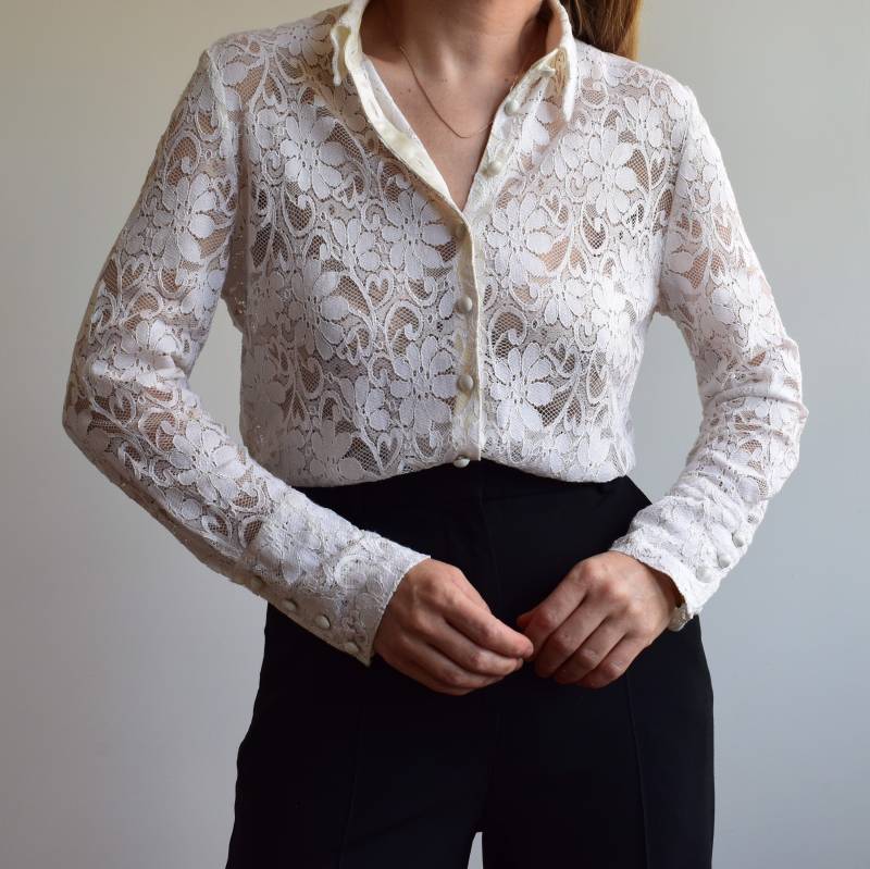 Vintage Lange Spitzenbluse. Ursprünglich Damen Größe M. 80Er Jahre Ära von TigonVintage