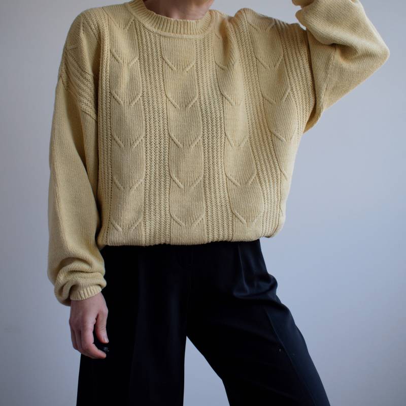 Vintage Pastellgelber Baumwollpullover. Original Damengröße Xl. 90Er Jahre Ära von TigonVintage