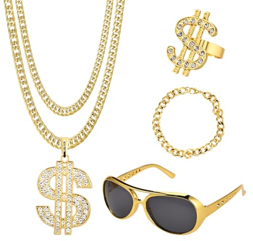 Tigvio 4 Stück Zuhälter Goldkette Fasching Kit, Hip Hop Gangster Rapper Kostüm Mit Herren Armbänder Ring Brillen, 70er 80er 90er Jahre Accessoires für Karneval Halloween Party von Tigvio