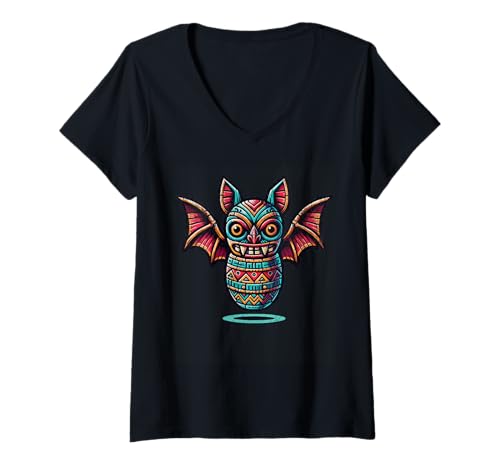 Damen Tiki Totem Fledermaus Hemd Polynesian Lanai Hawaii Tier T-Shirt mit V-Ausschnitt von Tiki Designs by Maggie