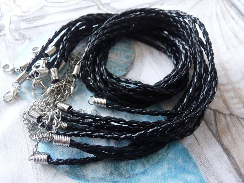 10x Geflochtene Schwarze Lederschnur, 17 "Kunstlederschnur, Verstellbare Fertige Runde Lederschnur Mit Karabinerverschluss, Schnurhalskette." von TikisCraftShop