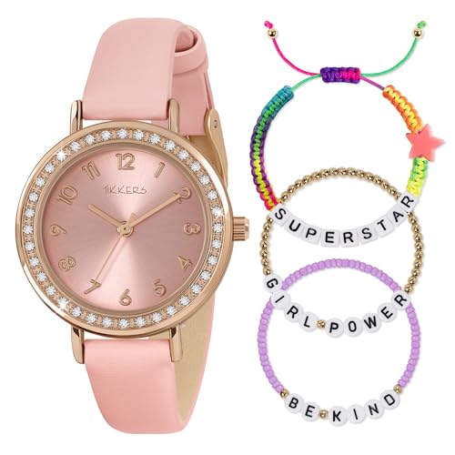 Tikkers ATK1092-SET Armbanduhr und Freundschaftsarmband mit rosafarbenem Armband aus Rotgold und Perlen von Tikkers