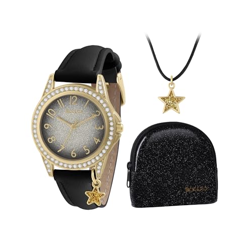 Tikkers Mädchen Black Star Analog Quarz Uhr Halskette und Glitzer Geldbörse Geschenkset, Schwarz , Stern von Tikkers