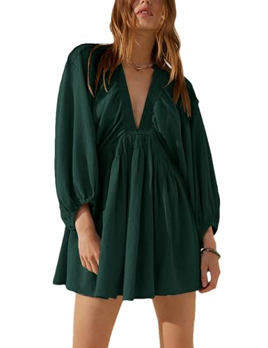 Tiko Miko Sexy Damen-Tunika-Kleid mit langen Ärmeln, V-Ausschnitt, lässig, locker fließend, Mini-Swing-Kleid, Dunkelgrün, Groß Tiko Miko Sexy Damen-Tunika-Kleid mit langen Ärmeln, V-Ausschnitt, lässig, locker fließend, Mini-Swing-Kleid, Dunkelgrün, Groß von Tiko Miko