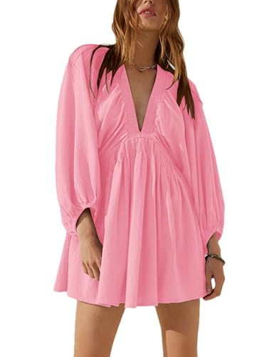 TikoMiko Damen-Tunika-Kleid mit 3/4-Ärmeln, V-Ausschnitt, lässig, locker, fließendes Minikleid, Babydoll, Frühlings- und Sommerkleider 2025, Pink von Tiko Miko