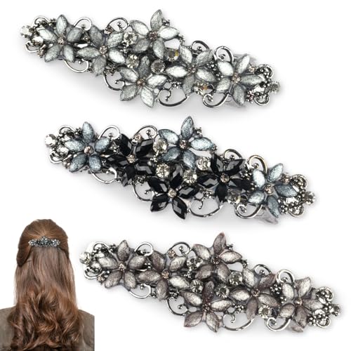 Elegante Haarspangen Damen, 3 Stück Glitzer Kristall Haarspangen, Exquisite Blumen Haarklammer, Strass Haarschmuck für Damen Mädchen Brautschmuck (3 Farben) von Tikplus