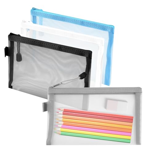 Tikplus 4 Stück Tasche Federmäppchen, Klein Federtasche Mesh, Transparent Mäppchen Beutel Nylon-Netzstoff, Pencil Aufbewahrungsbeutel, Stifttasche Durchscheinend für Bürobedarf Schreibwaren, 20x12cm von Tikplus
