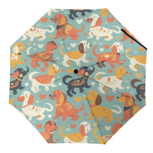 Tilivyx Regenschirme Dackel Hund Muster Farbe Herzen Automatischer Faltschirm Uv-Sonnenschutz Regenschirme Tragbarer Regenschirm von Tilivyx