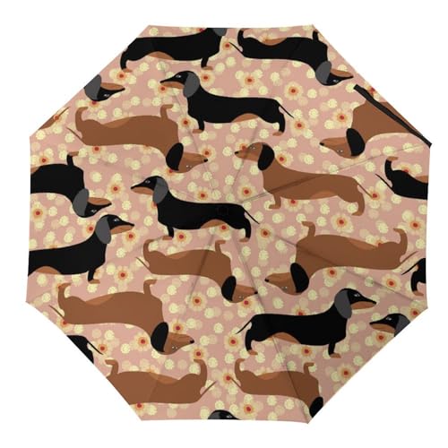 Tilivyx Regenschirme Floral Dackel Hund Muster Automatischer Faltschirm Uv-Sonnenschutz Regenschirme Tragbarer Regenschirm von Tilivyx