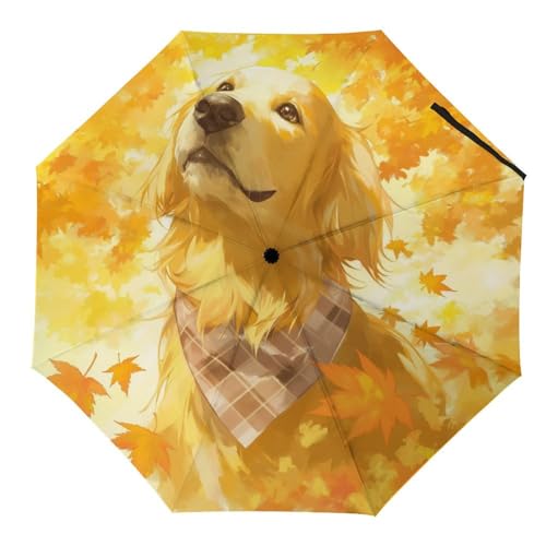 Tilivyx Regenschirme Golden Retriever Hund Herbstblätter Automatischer Faltschirm Uv-Sonnenschutz Regenschirme Tragbarer Regenschirm von Tilivyx