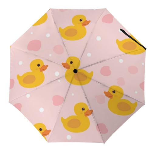 Tilivyx Regenschirme Niedliche Ente Rosa Herzen Muster Automatischer Faltschirm Uv-Sonnenschutz Regenschirme Tragbarer Regenschirm von Tilivyx