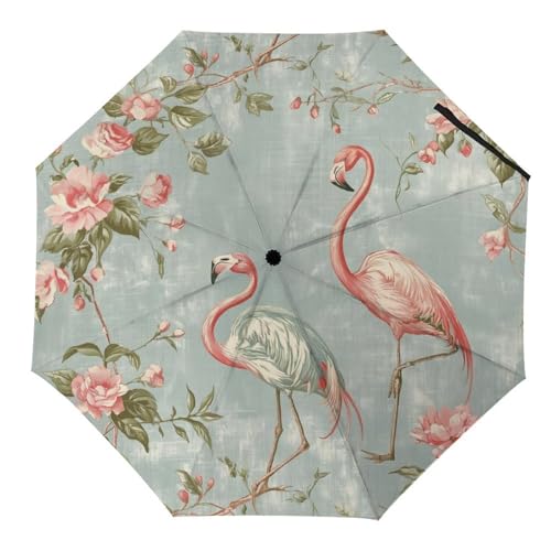 Tilivyx Regenschirme Rosa Flamingo Birrds Floral Blumen Automatischer Faltschirm Uv-Sonnenschutz Regenschirme Tragbarer Regenschirm von Tilivyx