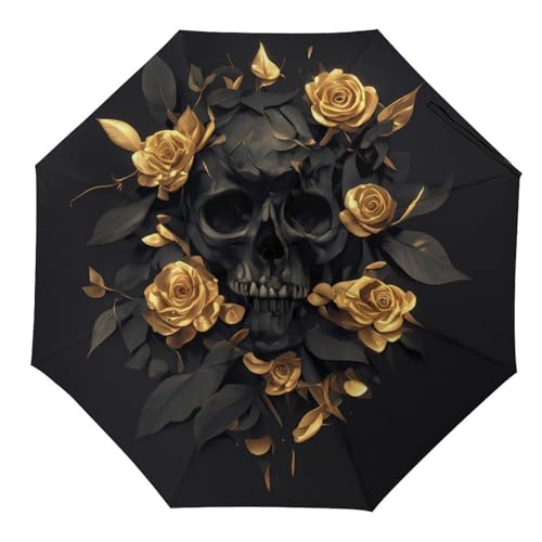 Tilivyx Regenschirme Totenkopf Und Vergoldete Rose Blumen Automatischer Faltschirm Uv-Sonnenschutz Regenschirme Tragbarer Regenschirm von Tilivyx