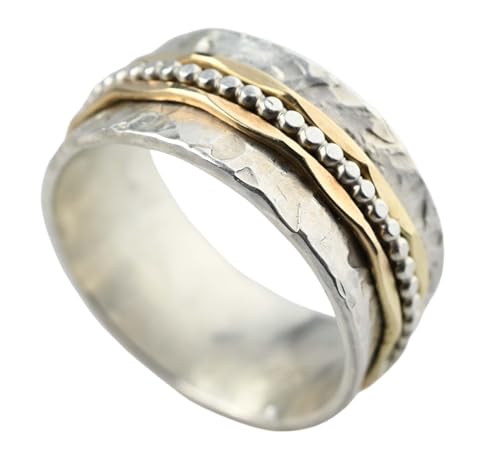 Bicolor Damenring aus 925er Silber & 333 Gold "Noemi" – Breiter Drehring mit Hammerschlag-Design– Spinner-Ring gegen Stress - Statement Ring für Frauen - ca. 9.8 mm breit von Tiljon