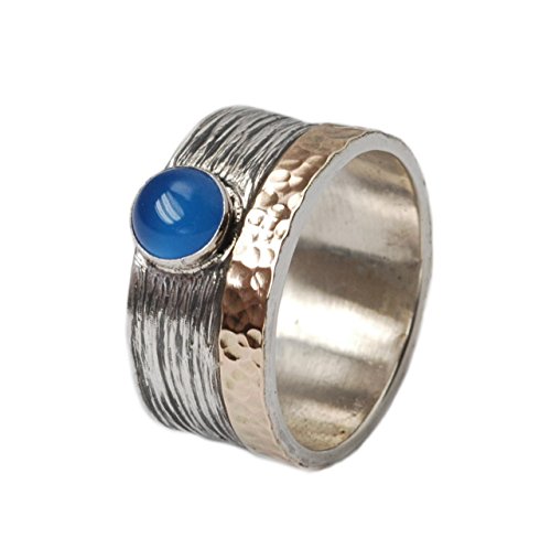 Blauer Achat Ring 925er Silber mit Umrandung aus 333er Gold Größen 61 (19.4) von Tiljon