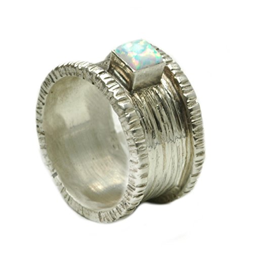 Tiljon Breiter geriffelter Ring 925er Silber mit synthetischem Opal Größen 58 (18.5) von Tiljon
