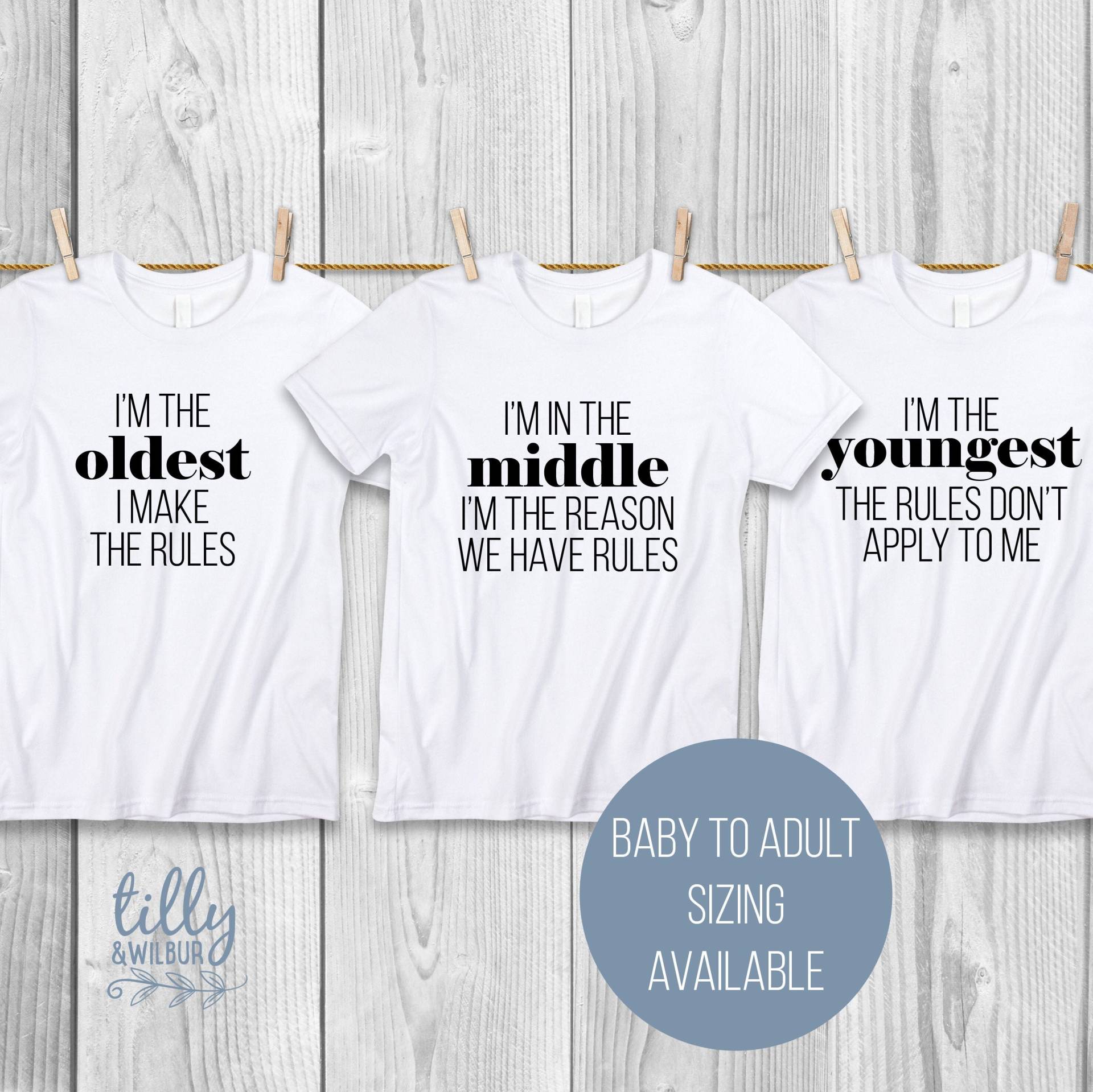 Sibling Shirt Set Mit Familienregeln, Älteste, Mittlere, Jüngste, Schwestern, Schwestern Set, Passende Familienshirts, Hackordnung, Matchy Sibling Shirt Set Mit Familienregeln, Älteste, Mittlere, Jüngste, Schwestern, Schwestern Set, Passende Familienshirts, Hackordnung, Matchy von TillyAndWilbur