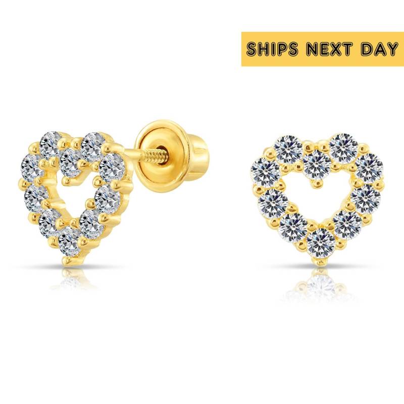 10K Gelbgold Kleine Offene Herz Ohrstecker Mit Simuliertem Diamant Und Sicheren Schraubverschlüssen, Zierliche Kinder Ohrstecker, Von Tilo von TiloJewelry