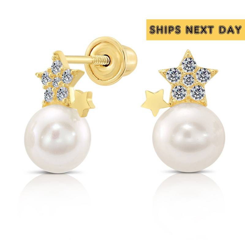 10K Gold Kleine Weiße Süßwasserzuchtperle Ohrstecker, Stern Cz Anhänger in Sicheren Schraubverschlüssen von TiloJewelry