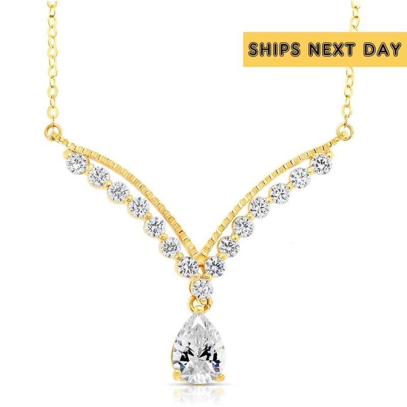 14K Gelbgold Tear Drop Halskette, Mit Künstlichen Diamanten, Hochzeits - & Brautschmuck, 16 " - 18" | Einstellbar, Von Tilo Jewelry von TiloJewelry