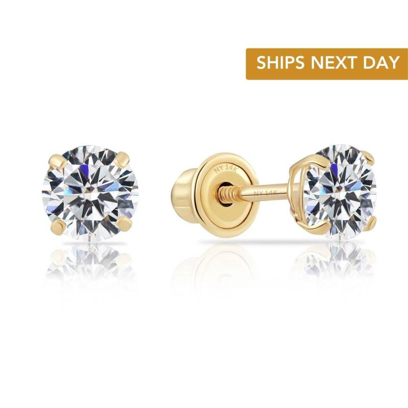 14K Gelbgold Solitär Runde Zirkonia Ohrstecker Mit Sicheren Schraubverschlüssen, Sleeper Cz Ohrstecker, Unisex, Von Tilo von TiloJewelry
