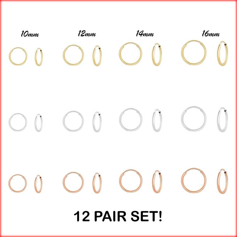 Set Aus 12 Paar 925 Sterling Silber Vergoldet Endlos Creolen, Nasen Und Knorpel Schmuck | 10 Mm, 14 16 Mm von TiloJewelry