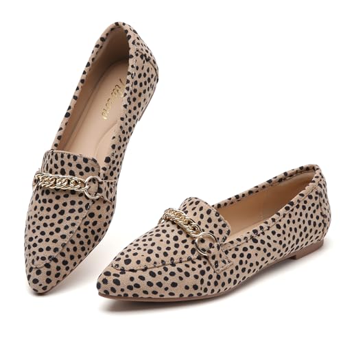 Tilocow Metallkette Loafers für Frauen Spitze Zehen Slip on Wohnungen Bequeme Mode Arbeitsschuhe, Leopard, 41 EU von Tilocow