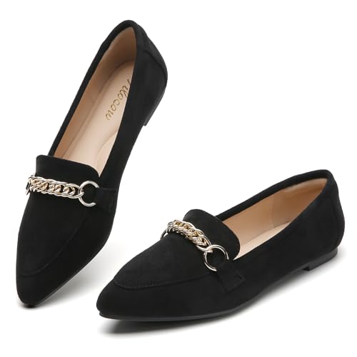 Tilocow Metallkette Loafers für Frauen Spitze Zehen Slip on Wohnungen Bequeme Mode Arbeitsschuhe, Schwarzes Wildleder, 39 EU von Tilocow
