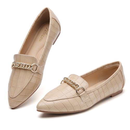 Tilocow Metallkette Loafers für Frauen Spitze Zehen Slip on Wohnungen Bequeme Mode Arbeitsschuhe, Stein Khaki, 41 EU von Tilocow