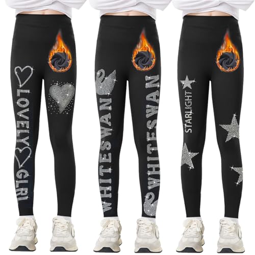 Tilozs 3er-Pack Thermoleggings Mädchen Gefütterte Warm Leggings Winter Thermo Hose High Waist Elastisch Hosen mit Diamantdruck, Herzform+Von Gänsen+Fünf Spitze Stern, 122-128(Herstellergröße: 130) von Tilozs