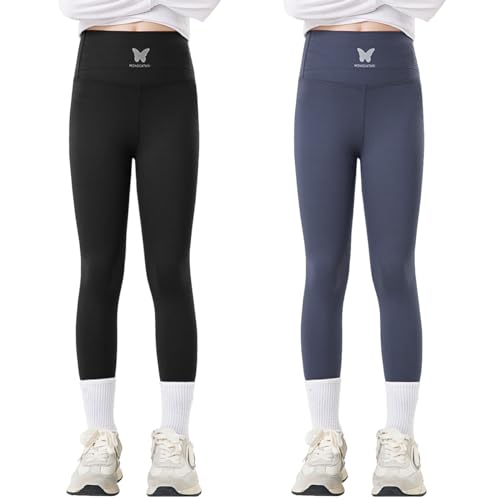 Tilozs Kinder Leggings Mädchen Lang Hosen High Waist Leggins Sportleggins 2er Pack Elastisch Sporthose, Schwarz+Dunkelgrau, 122-128(Label Size: 130) von Tilozs