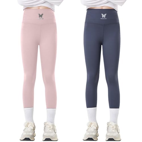 Tilozs Kinder Leggings Mädchen Lang Hosen High Waist Leggins Sportleggins 2er Pack Elastisch Sporthose, Lila+Dunkelgrau, 116(Label Size: 120) von Tilozs