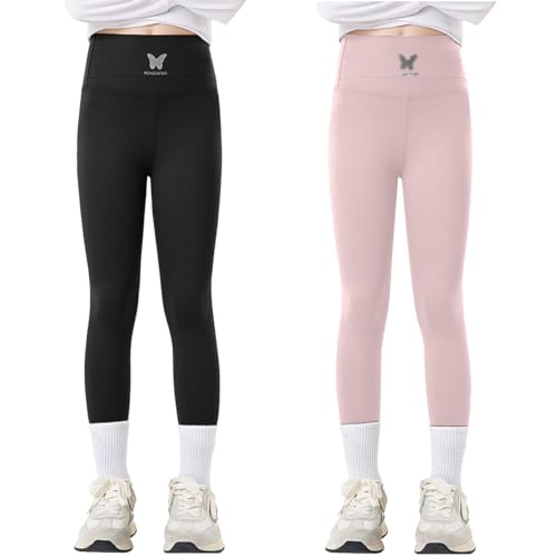 Tilozs Kinder Leggings Mädchen Lang Hosen High Waist Leggins Sportleggins 2er Pack Elastisch Sporthose, Schwarz+Lila, 104-110(Label Size: 110) von Tilozs