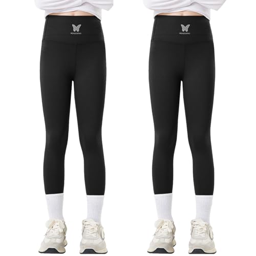 Tilozs Kinder Leggings Mädchen Lang Hosen High Waist Leggins Sportleggins Elastisch Sporthose, 2pcs (schwarz + schwarz), 122-128(Herstellergröße: 130) von Tilozs
