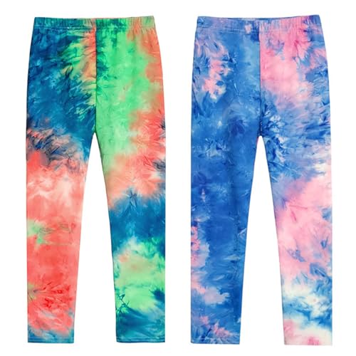 Tilozs Mädchen Leggings 2er Pack Lange Hose für Kinder Sport Leggings Weich Elastisch Mehrfarbig, Orange+Blau, 116-122(Herstellergröße: 130) von Tilozs