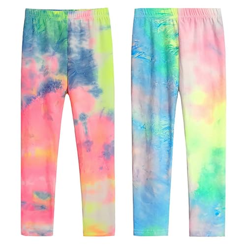 Tilozs Mädchen Leggings 2er Pack Lange Hose für Kinder Sport Leggings Weich Elastisch Mehrfarbig, Rosa+Gelb, 128-134(Herstellergröße: 140) von Tilozs