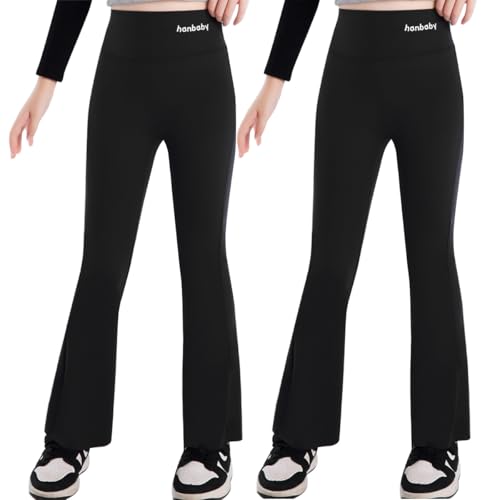 Tilozs Mädchen Leggings Schlaghosen Schlagleggings High Waist Lang Hosen für Tanzhosen Yogahose Sporthose, 2pcs (schwarz + schwarz), 134-140(Herstellergröße: 140) von Tilozs