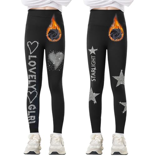 Tilozs Thermo Leggings Mädchen Gefütterte Winter Sport Leggings High Waist Elastisch Dicke Warm Hosen 2er-Pack mit Diamantdruck, Herzform+Fünf Spitze Stern, 122-128(Herstellergröße: 130) von Tilozs