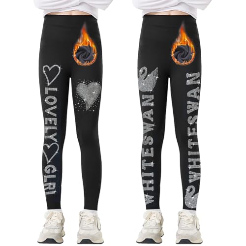 Tilozs Thermo Leggings Mädchen Gefütterte Winter Sport Leggings High Waist Elastisch Dicke Warm Hosen 2er-Pack mit Diamantdruck, Herzform+Von Gänsen, 146-152(Herstellergröße: 150) von Tilozs